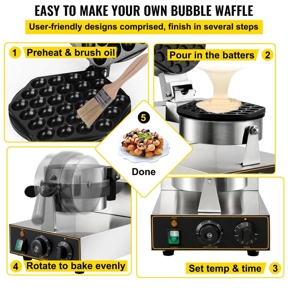 VEVOR Commercial Bubble Waffle Maker Silver 1200 Watt 122572°F Adjustable Stainless Steel Baker with NonStick Teflon Coating