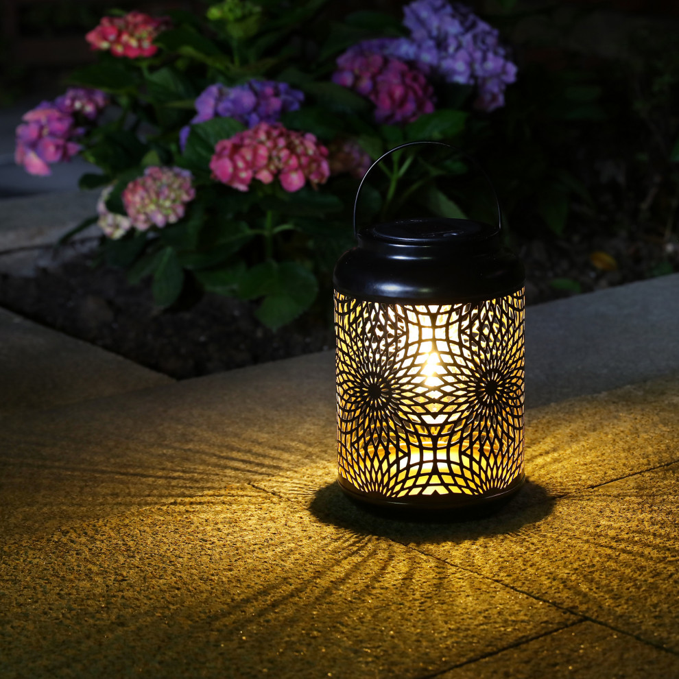 8.75 quotH Metal Cutout Solar Powered Outdoor Hanging Lantern   Contemporary   Outdoor Hanging Lights   by Glitzhome  Houzz