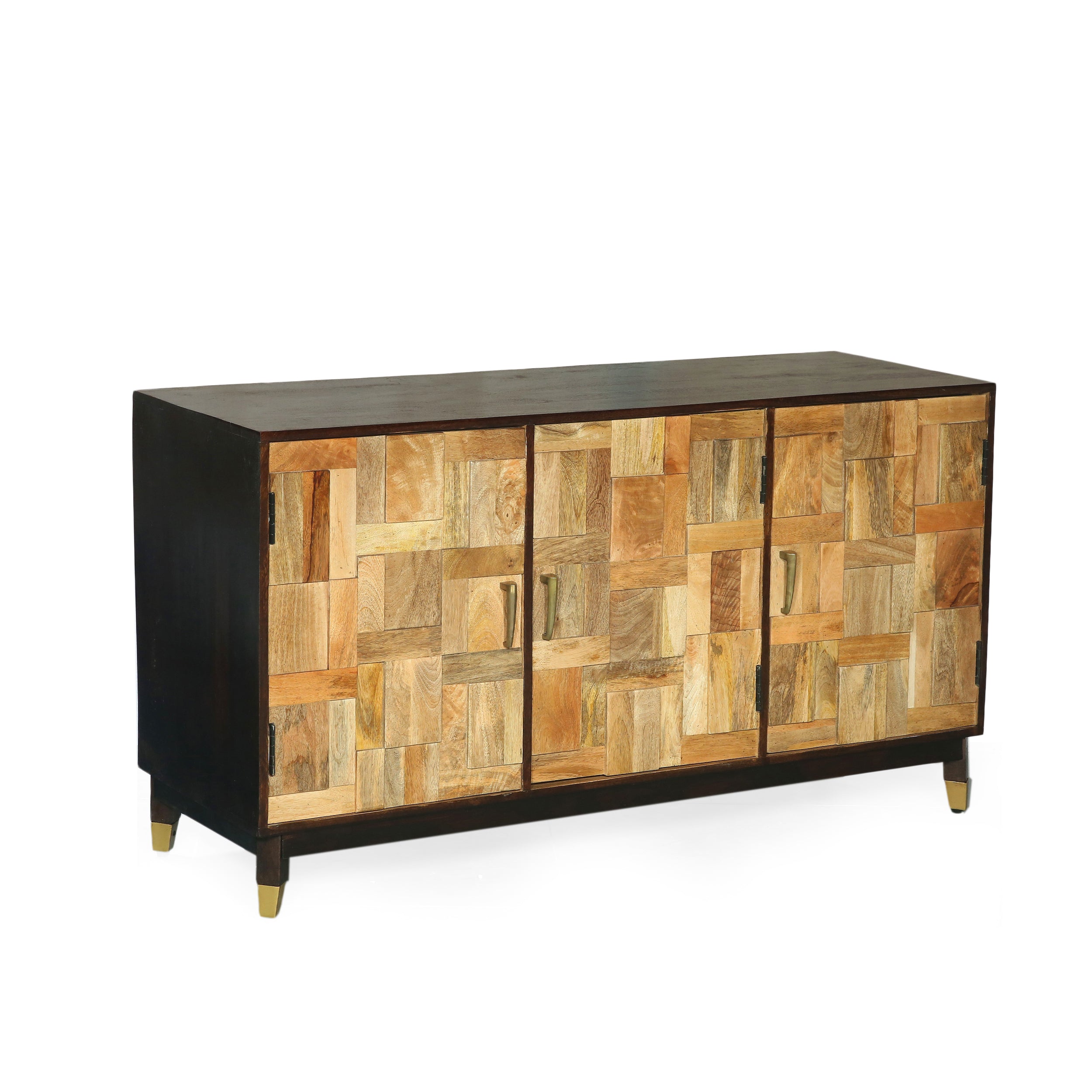 Graniss Boho Handmade Mango Wood 3 Door Sideboard, Walnut and Natural