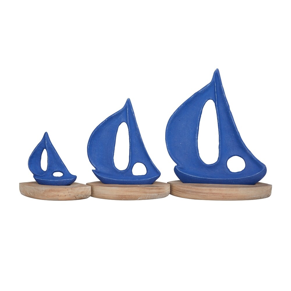 White or Blue Wood Sail Boat Sculpture with Wood Base (Set of 3)   S/3 11\