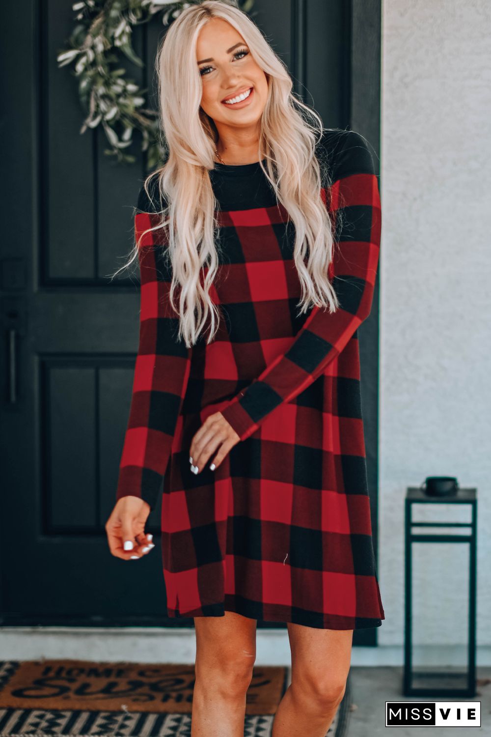 Buffalo Plaid Splicing Long Sleeve Mini Dress