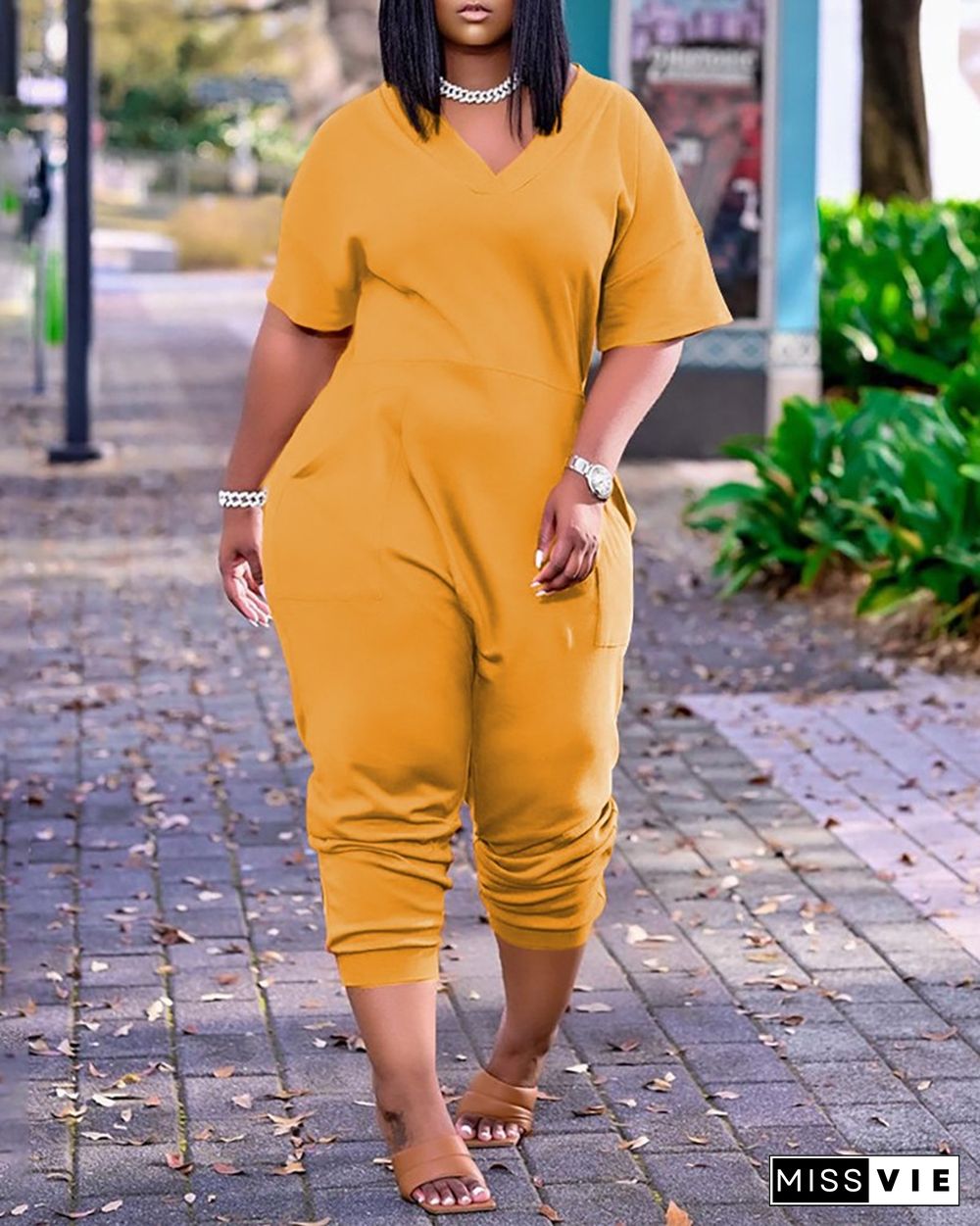 Pocket Design Plain Short Sleeve Jumpsuit