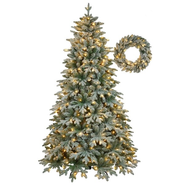 7ft Lighted Artificial Christmas Tree with Wreath Set of 2，Christmas Tree Holiday Decoration，Creative Decorated Trees