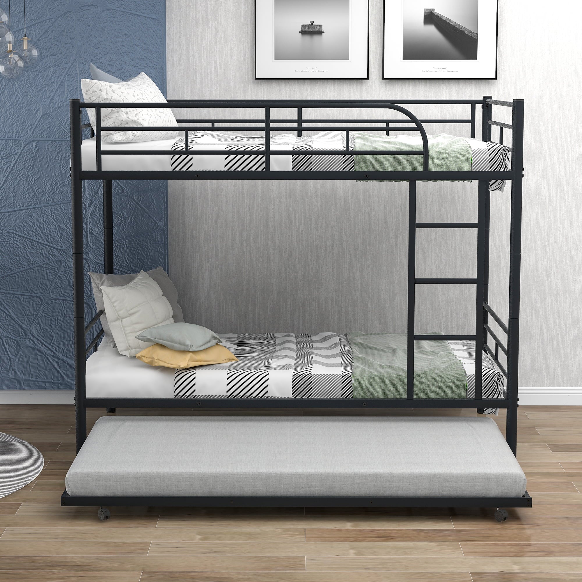 uhomepro Metal Twin Over Twin Bunk Beds with Trundle Bed, Twin Bunk Beds for Kids Adults Teens, Bunk Bed Can Be Divided Into 2 Twin Beds with Trundle, 2 Ladders, No Box Spring Need, Black