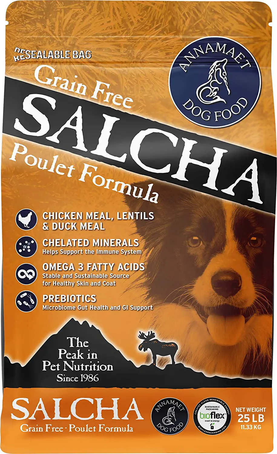 Annamaet Grain-Free Salcha Poulet Formula Dry Dog Food (Chicken and Duck) 25-lb Bag， Brown