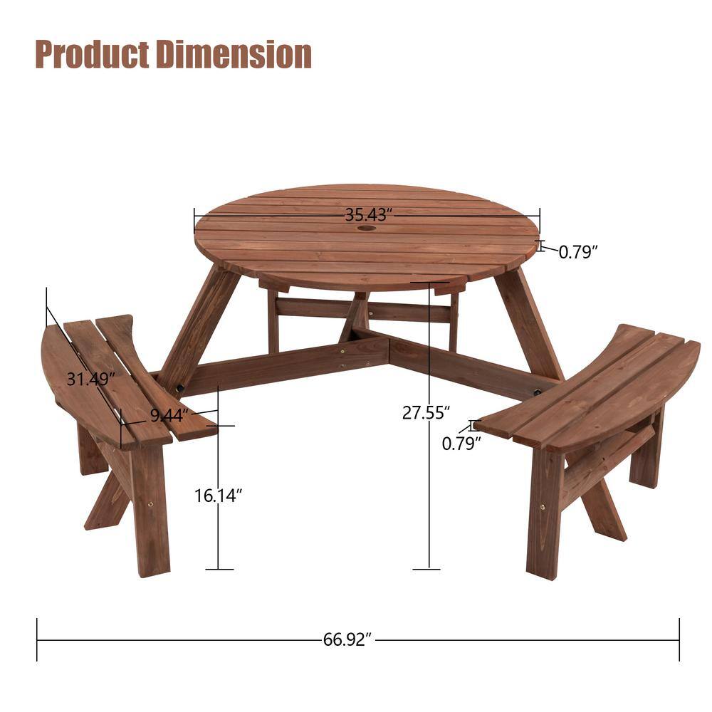 Sudzendf 6-Person Circular Brown Outdoor Wooden Picnic Table with 3 Built-in Benches TOUTD658