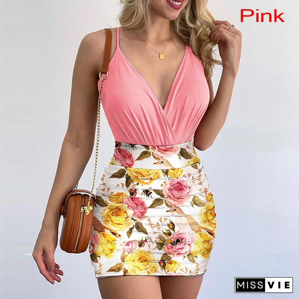 Women Sexy Spaghetti Strap Backless Summer Deep V Neck Solid Color Ruched Bodysuit And Floral Print Bodycon Skirt Set