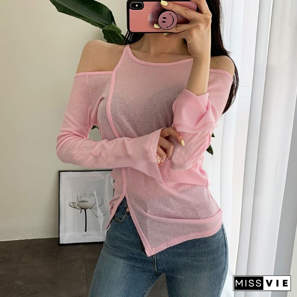 Christmas Gift Tshirt Off Shoulder Long Sleeve White Black Ladies T shirt Summer Fashion Casual Solid Tops Women Thin T-shirt See Through