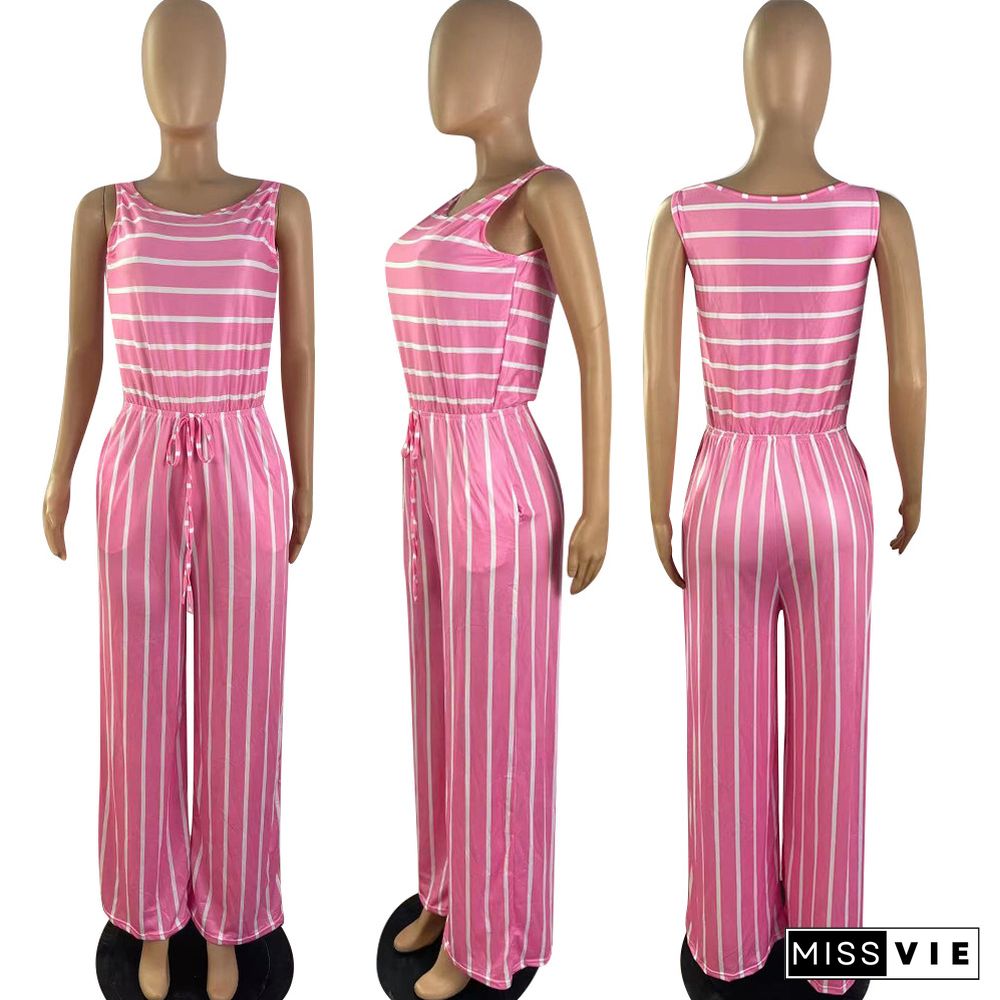 New Striped Lace-Up Sleeveless Wide-Leg Jumpsuit