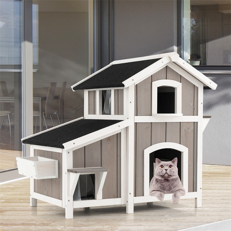 2-Story Outdoor Feral Cat House Weatherproof Wooden Kitty Shelter Pet House Habitat with Escape Door Removable Floor PVC Curtains Flower Box