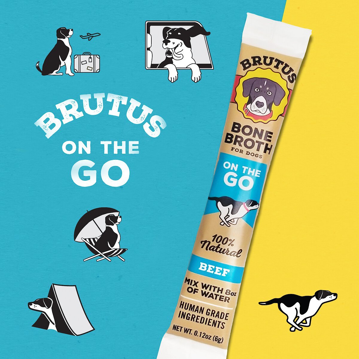 Brutus Broth Instant Bone Broth Beef Flavor Dry Dog Food Topper， 5 count