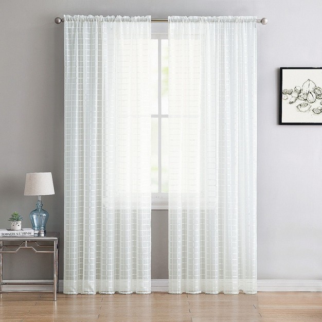 Kate Aurora 2 Piece Rod Pocket White Plaid Sheer Voile Window Curtain Panels