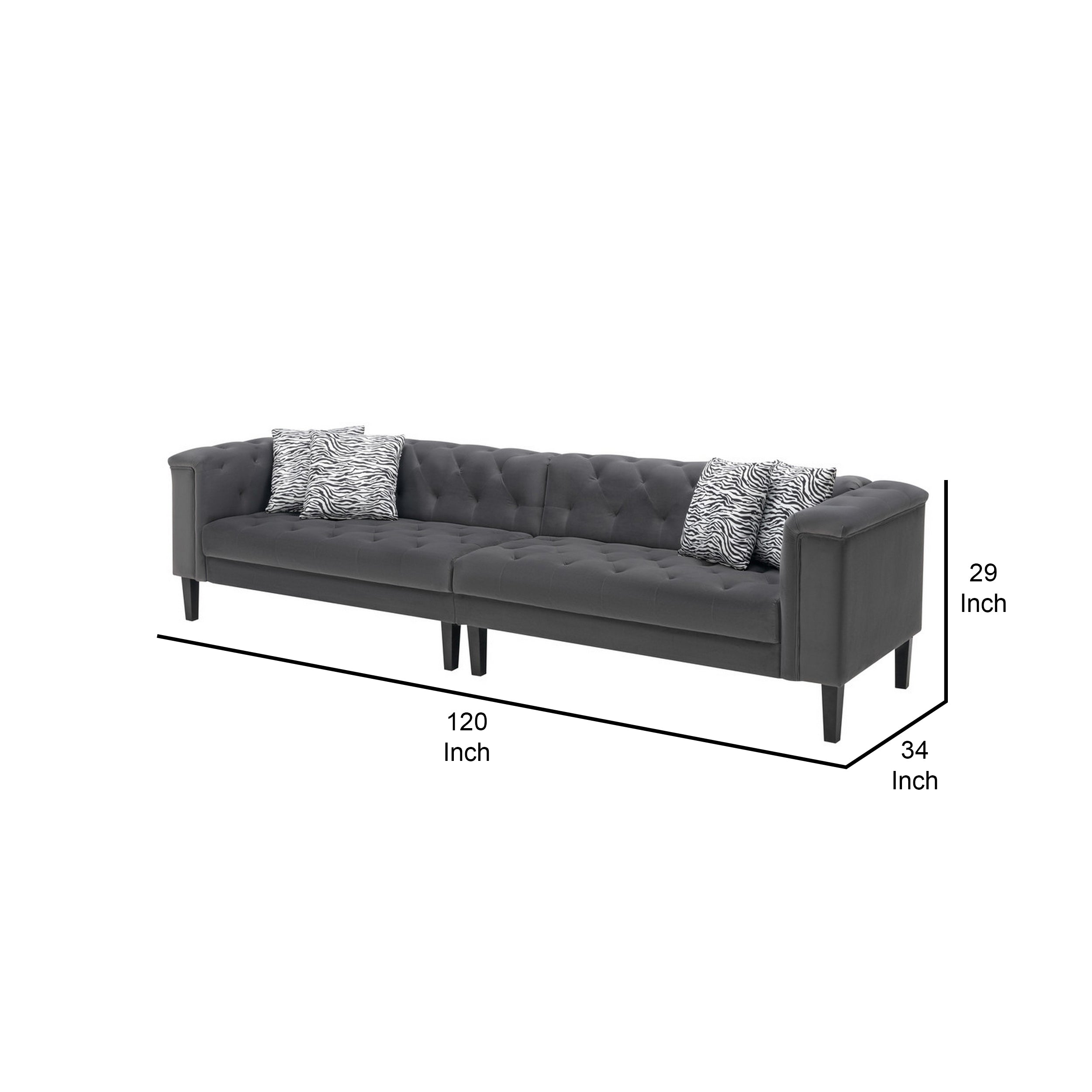 Aki 120 Inch Modern 4 Seater Sofa, Deep Button Tufting, Gray Velvet Fabric- Saltoro Sherpi