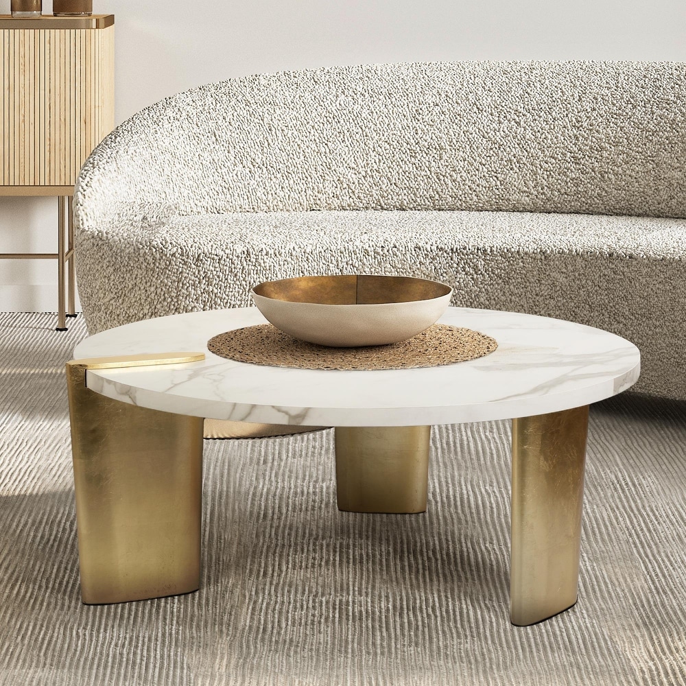 Modern Glam Round Coffee Table Golden Legs with White Faux Marble Veneer   37\