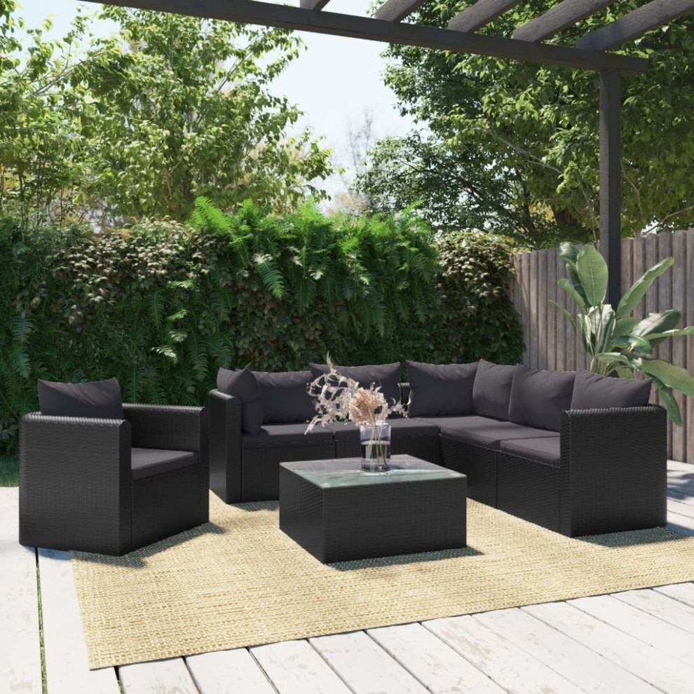 vidaXL Patio Sofa 7 Piece Outdoor Sectional Sofa with Cushions PE Rattan Black   Tropical   Outdoor Lounge Sets   by vidaXL LLC  Houzz