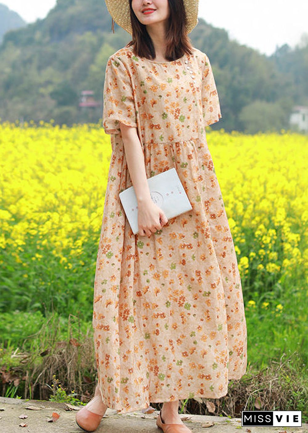 Cute O-Neck Cinched Button Print Long Dresses Short Sleeve