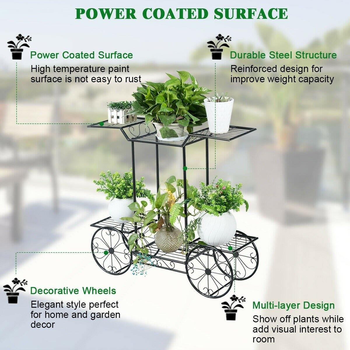 6-Tier Outdoor Garden Cart Metal Flower Rack Display Stand with 4 Wheels