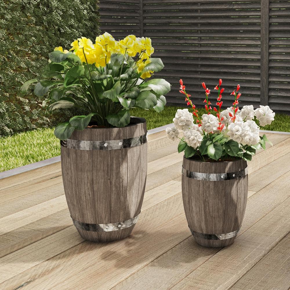 Earth Worth Large 17.5 in. Dark Gray Fiber Clay Planter Barrel (Set 2-Piece) 275452UBH