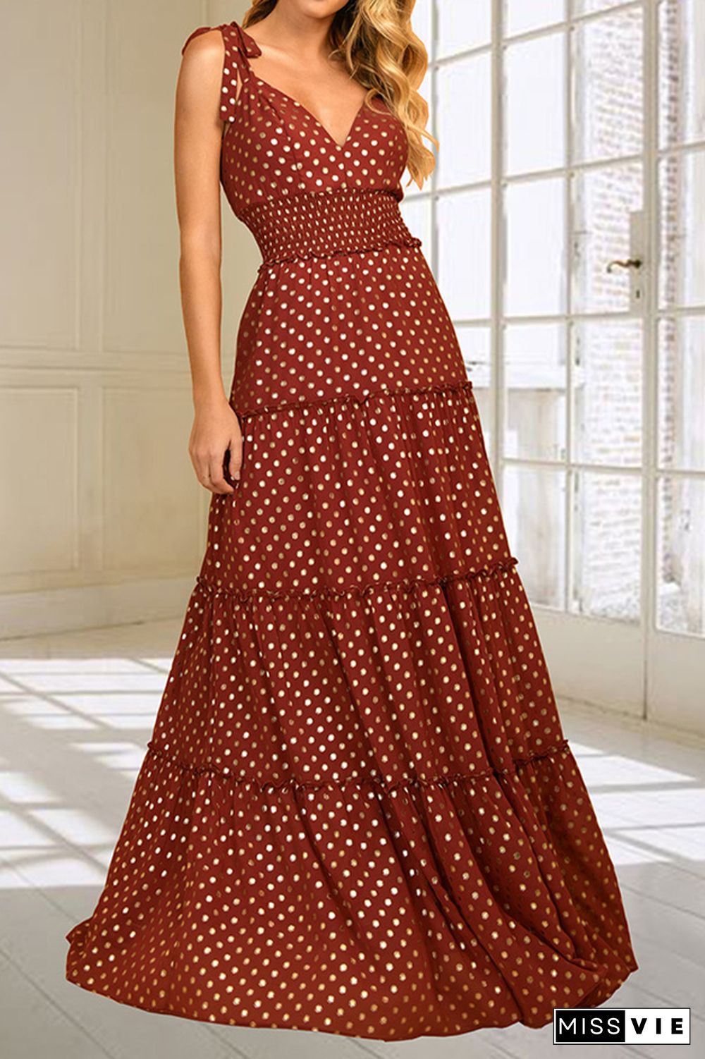 Polka Dot V Neck Sleeveless Long Dress Wholesale