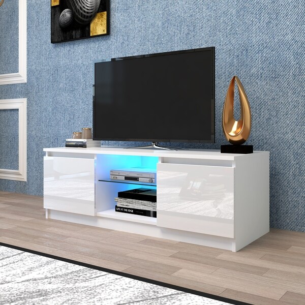 White TV Stand with Lights; Modern LED TV Cabinet with Storage Drawers; Living Room Entertainment Center Media Console Table