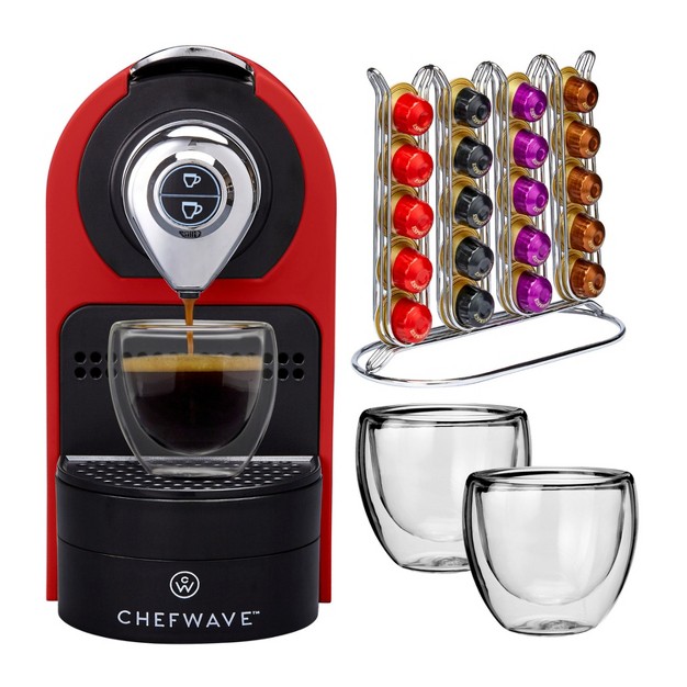 Chefwave Espresso Machine For Nespresso red Capsule Holder And Cups Bundle