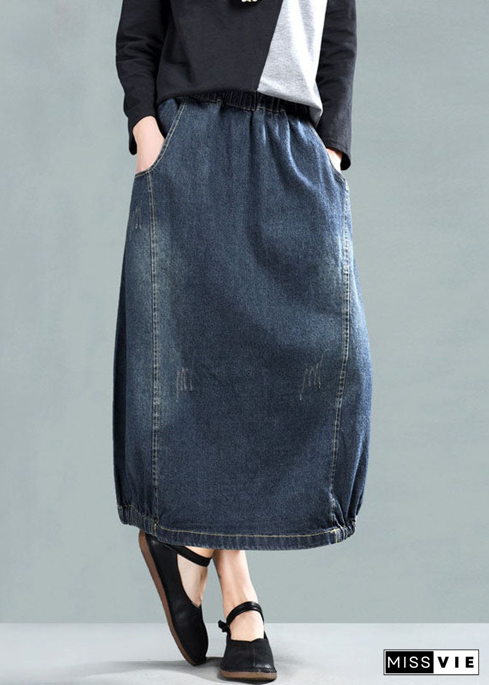 Dark Blue Patchwork Denim A Line Skirt Wrinkled Spring