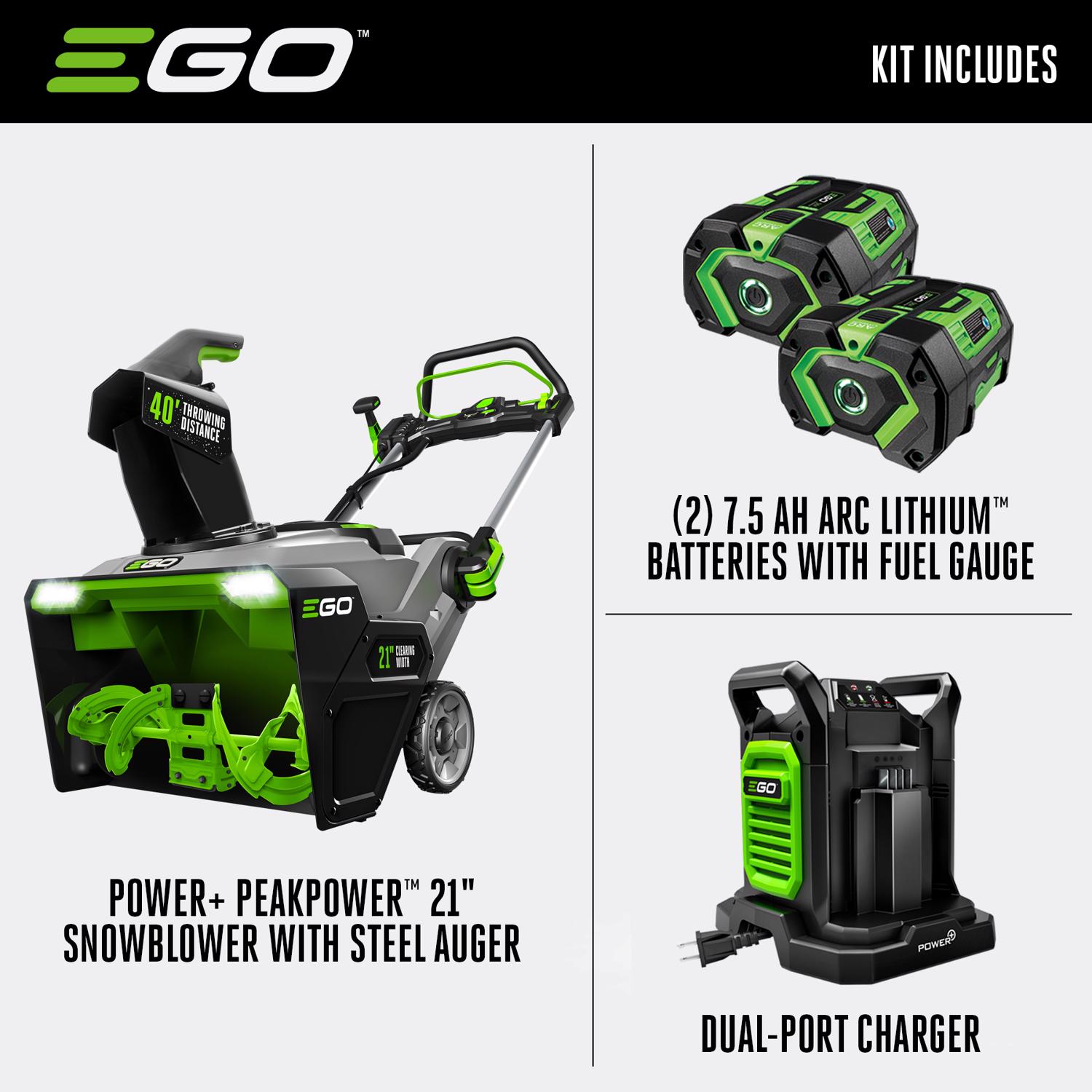 EGO Power+ Peak Power SNT2114 21 in. Single stage 56 V Battery Snow Blower Kit (Battery \u0026 Charger) W/ STEEL AUGER \u0026 TWO 7.5 AH BATTERIES