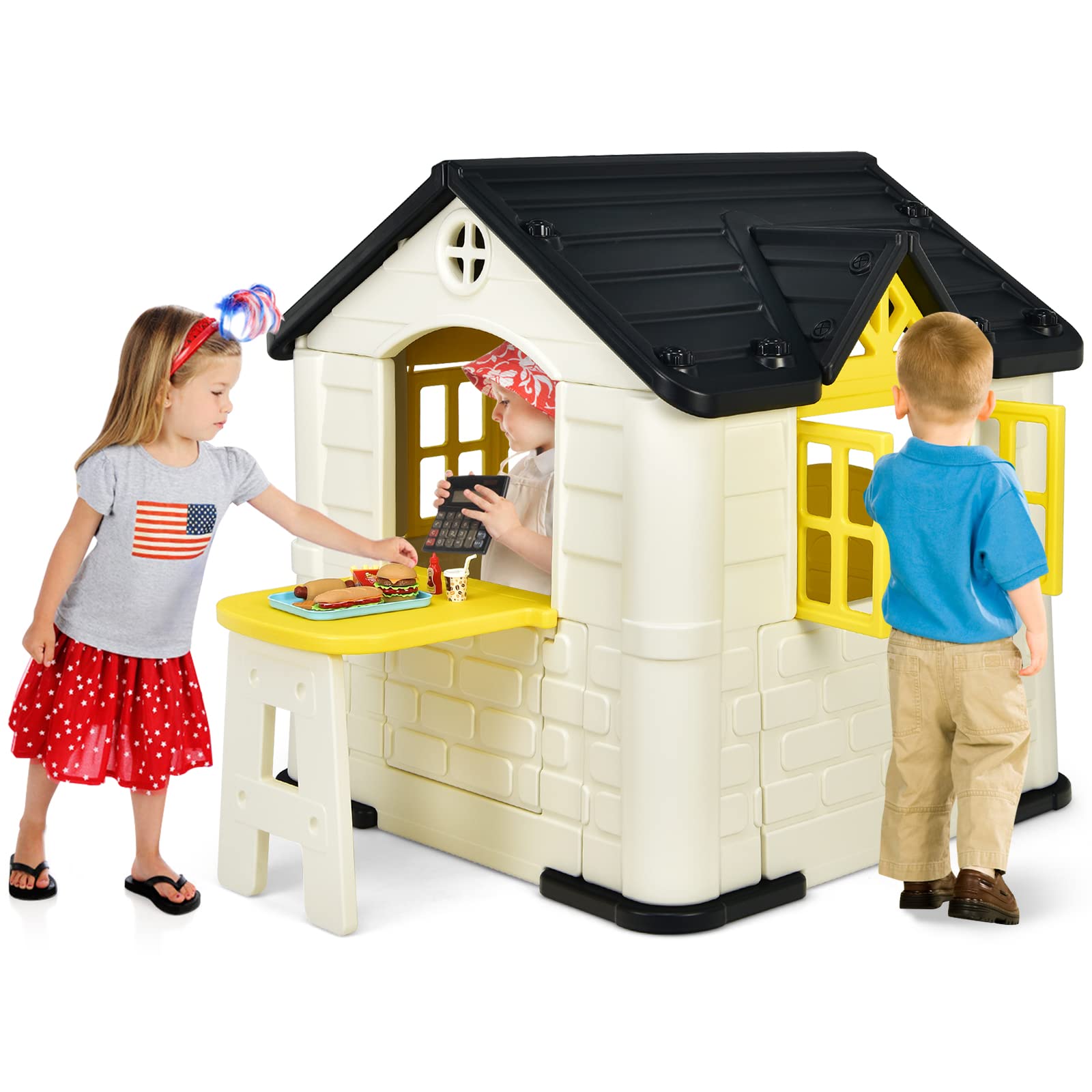 Costzon Playhouse for Kids, Pretend Toy House w/ Picnic Table, 7 PCS Toy Set & Tray