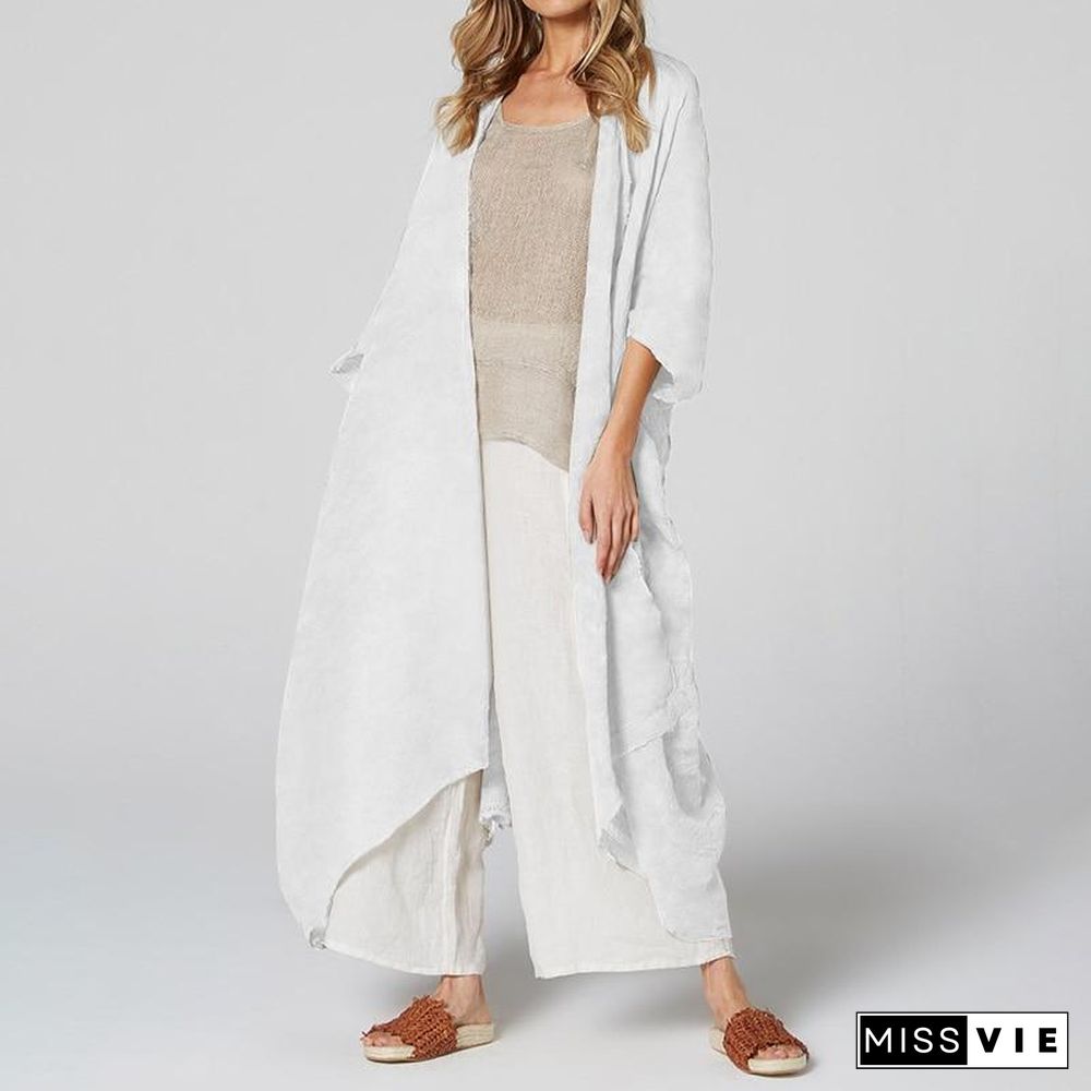 Women Summer Vintage Beach Cover Up Solid Belted Casual Loose Blouse Plus Size Cardigan Kimono Linen