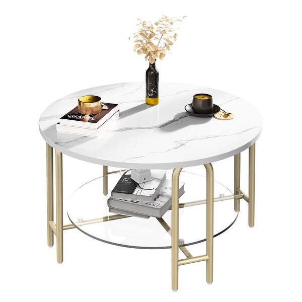 Round Coffee Table with Glass White Marble Top Gold Frame