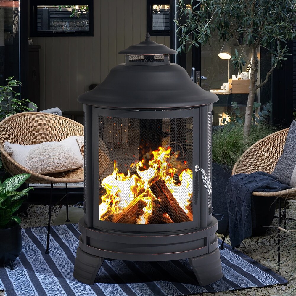 Chiminea Fire Pit with Grill for Outdoor  2 in 1 Fire Pit with Removable Grate