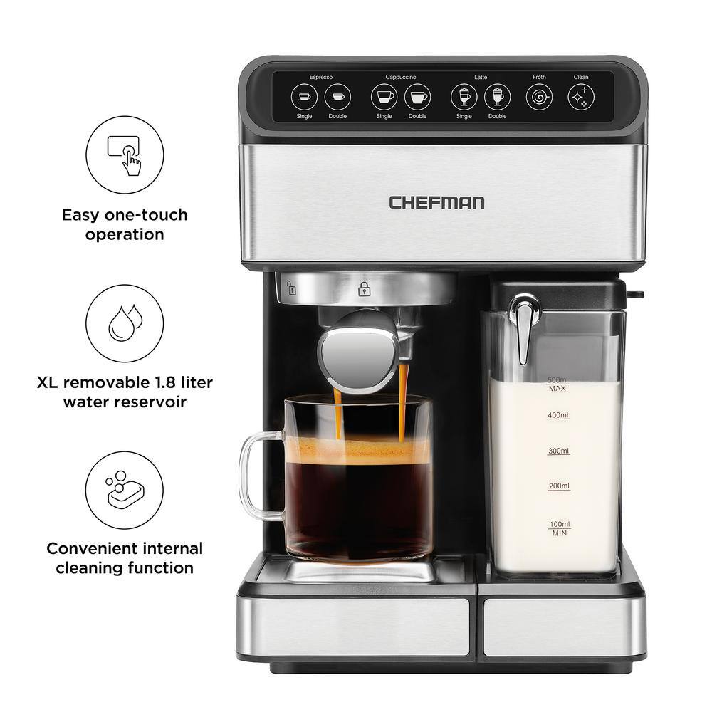 Chefman 7.6 Cup Brew Single and Double Shot Stainless Steel 6-in-1 Espresso Machine 15-Bar Pump Built-In Milk Froth Coffee Maker RJ54