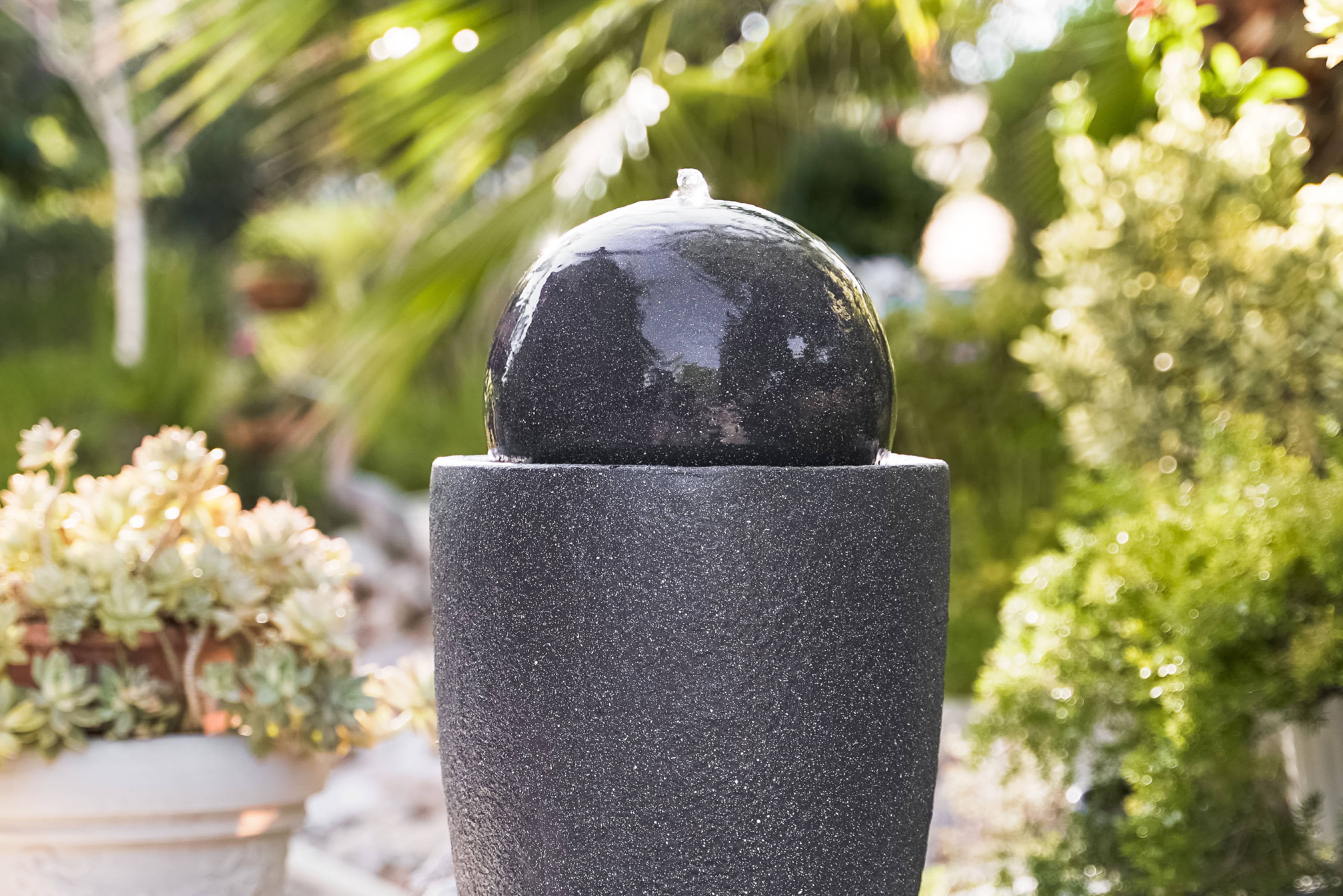 XBrand Modern Stone Textured Round Sphere Water Fountain w/LED Lights， Indoor Outdoor Décor， 25.6 Inch Tall， Black