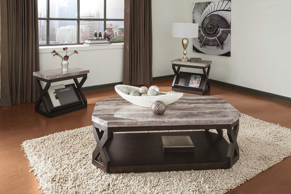 3 Pieces Coffee Table Set  X Shaped Sides  ampElegant Faux Marble Top  Gray/Brown   Transitional   Coffee Table Sets   by Decor Love  Houzz