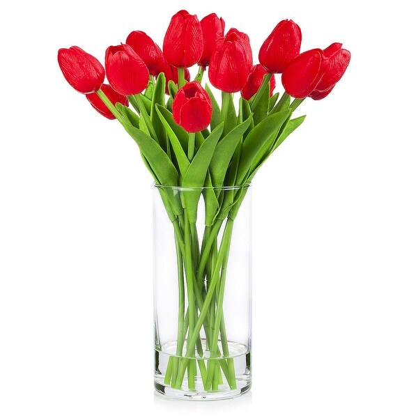 Enova Home Artificial Real Touch Tulips Fake Silk Flowers Arrangement in Clear Glass Vase with Faux Water for Home Decoration