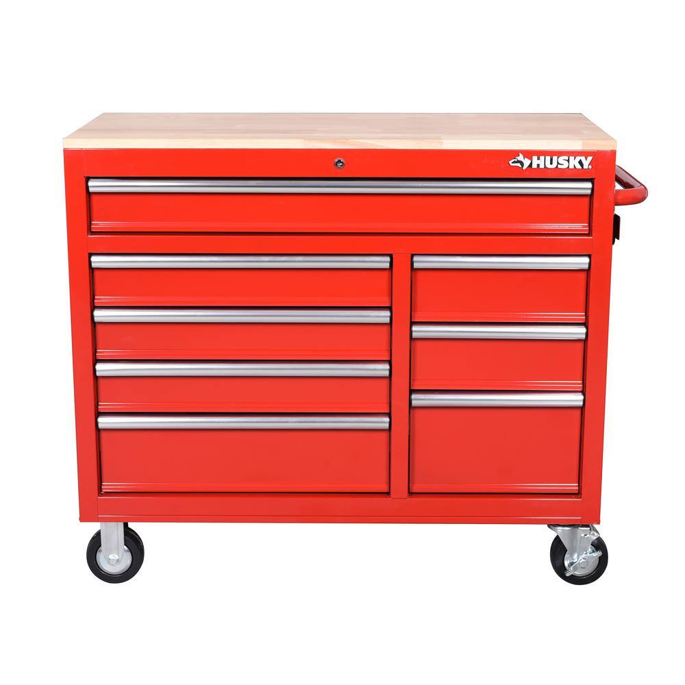 Husky 42 in. W x 18.1 in. D 8-Drawer Red Mobile Workbench Cabinet with Solid Wood Top