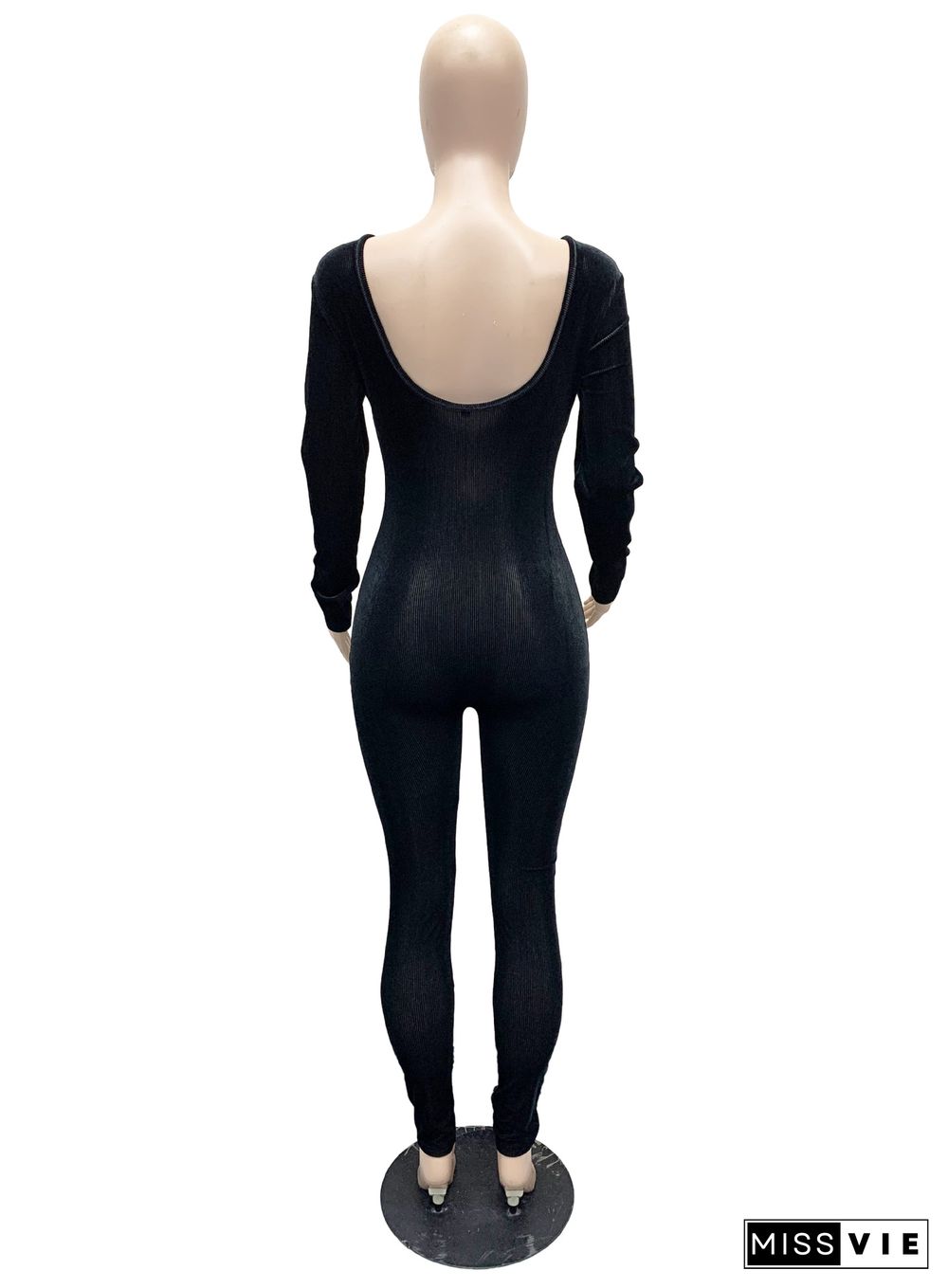 Knitted Velvet Stitched Hollowed-out Long Sleeve Jumpsuit