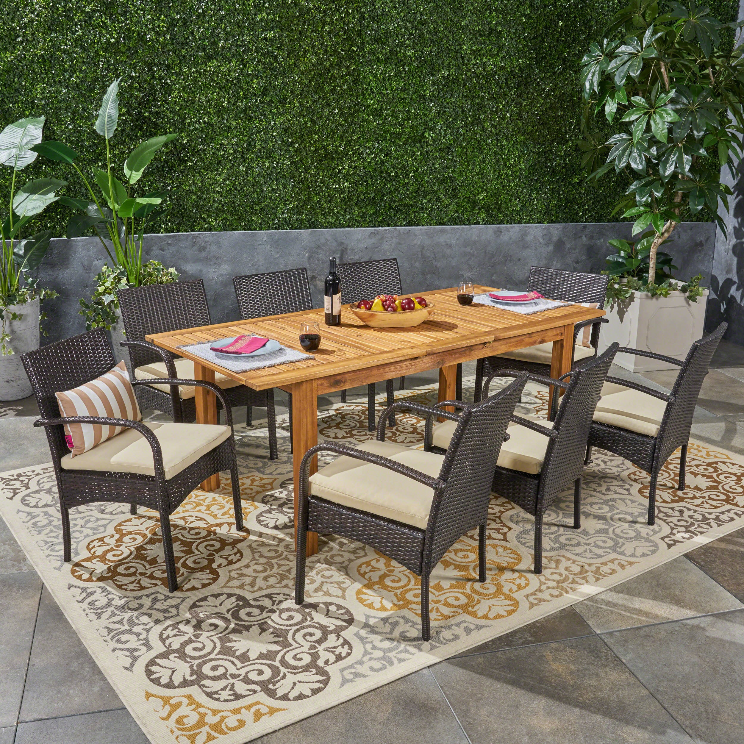 Elis Outdoor 7 Piece Wood and Wicker Expandable Dining Set