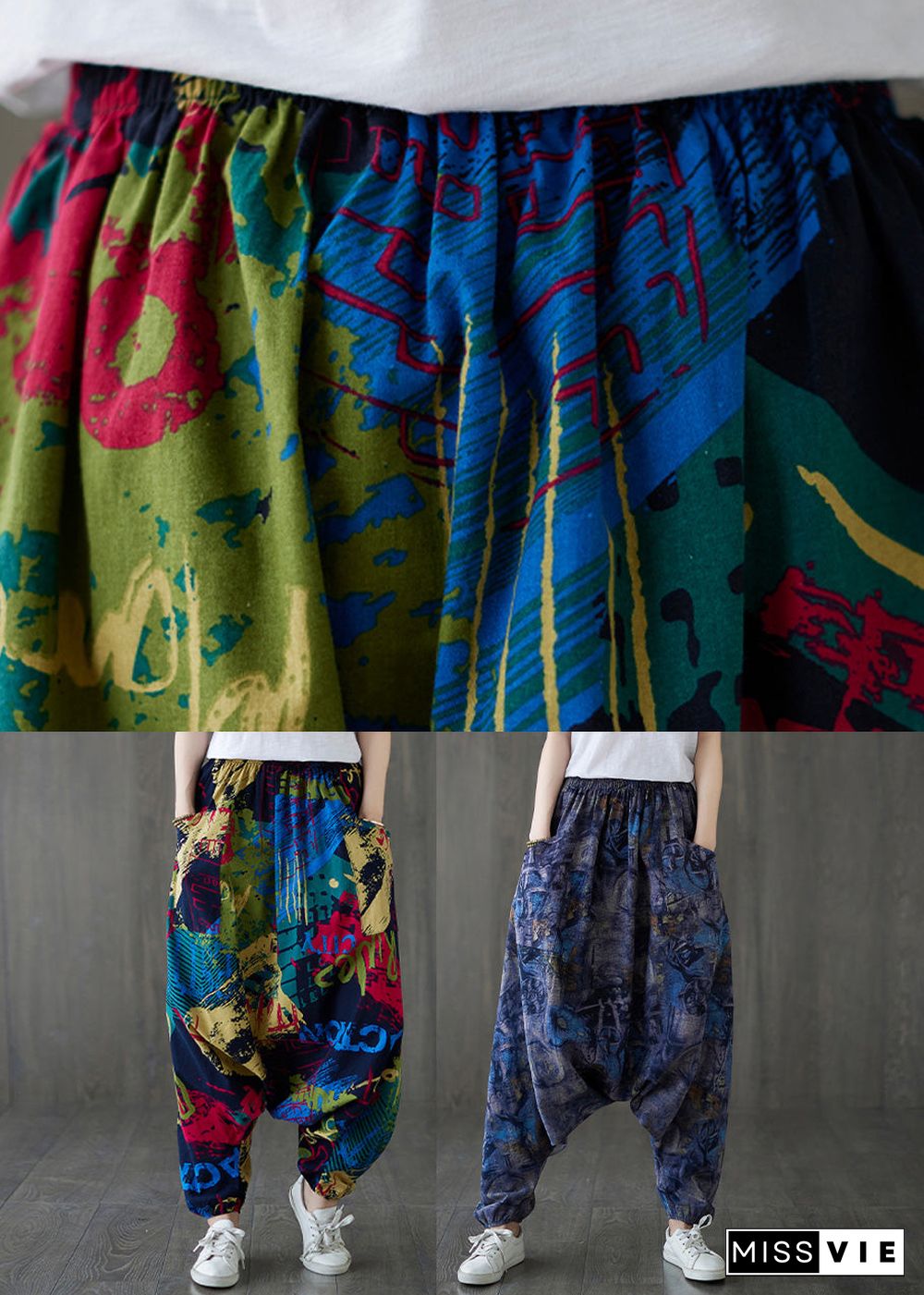 Blue Elastic Waist Loose Lantern Pants Summer