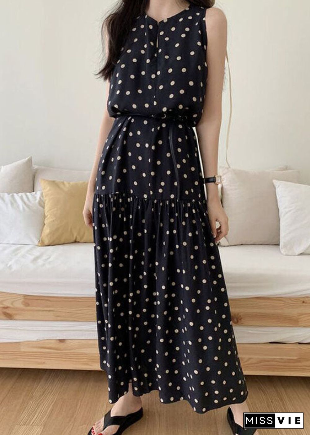 Black Dot Print Cotton Holiday Dresses O Neck Sleeveless