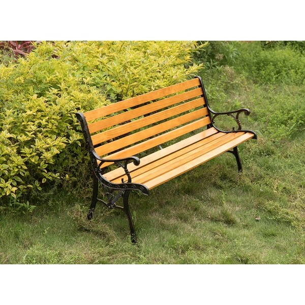 Wooden Outdoor Park Patio Garden Yard Bench Steel Armrest Legs