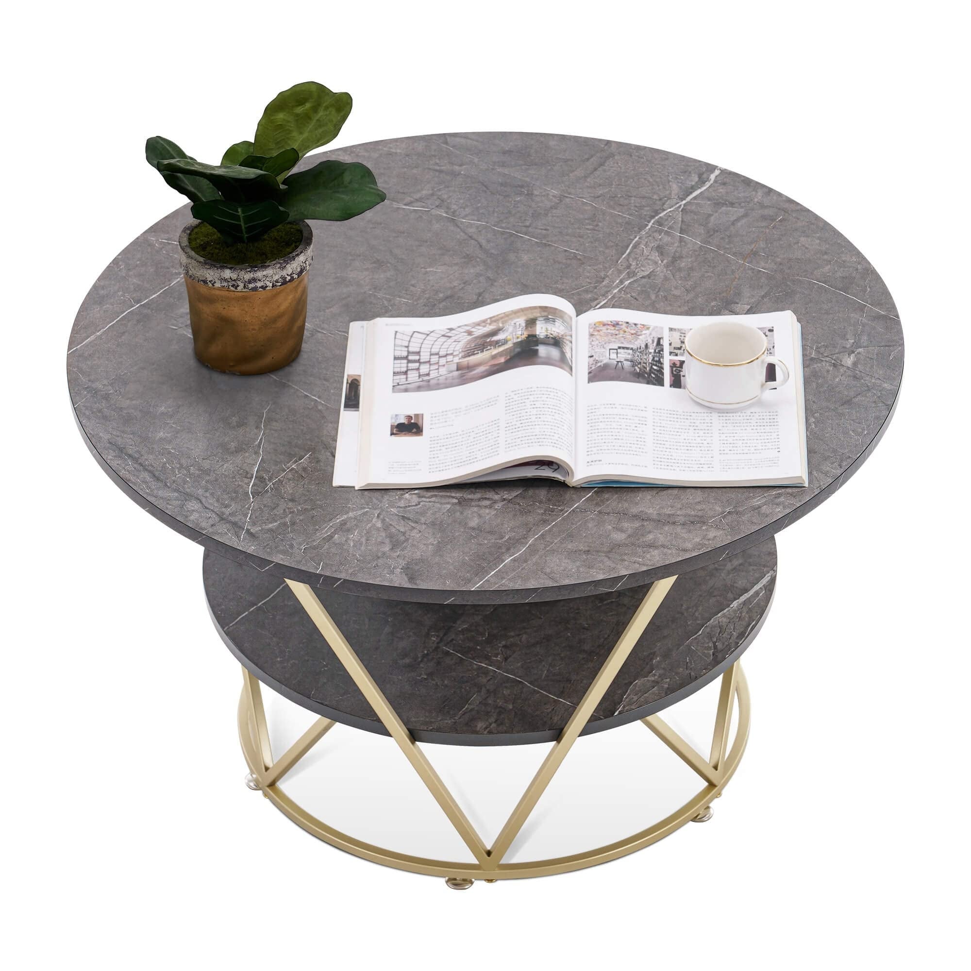 2-Tier Round Coffee Table， 31.5 Inch Modern Coffee Table for Living Room， Faux Marble Accent Table with Metal Frame - as picture