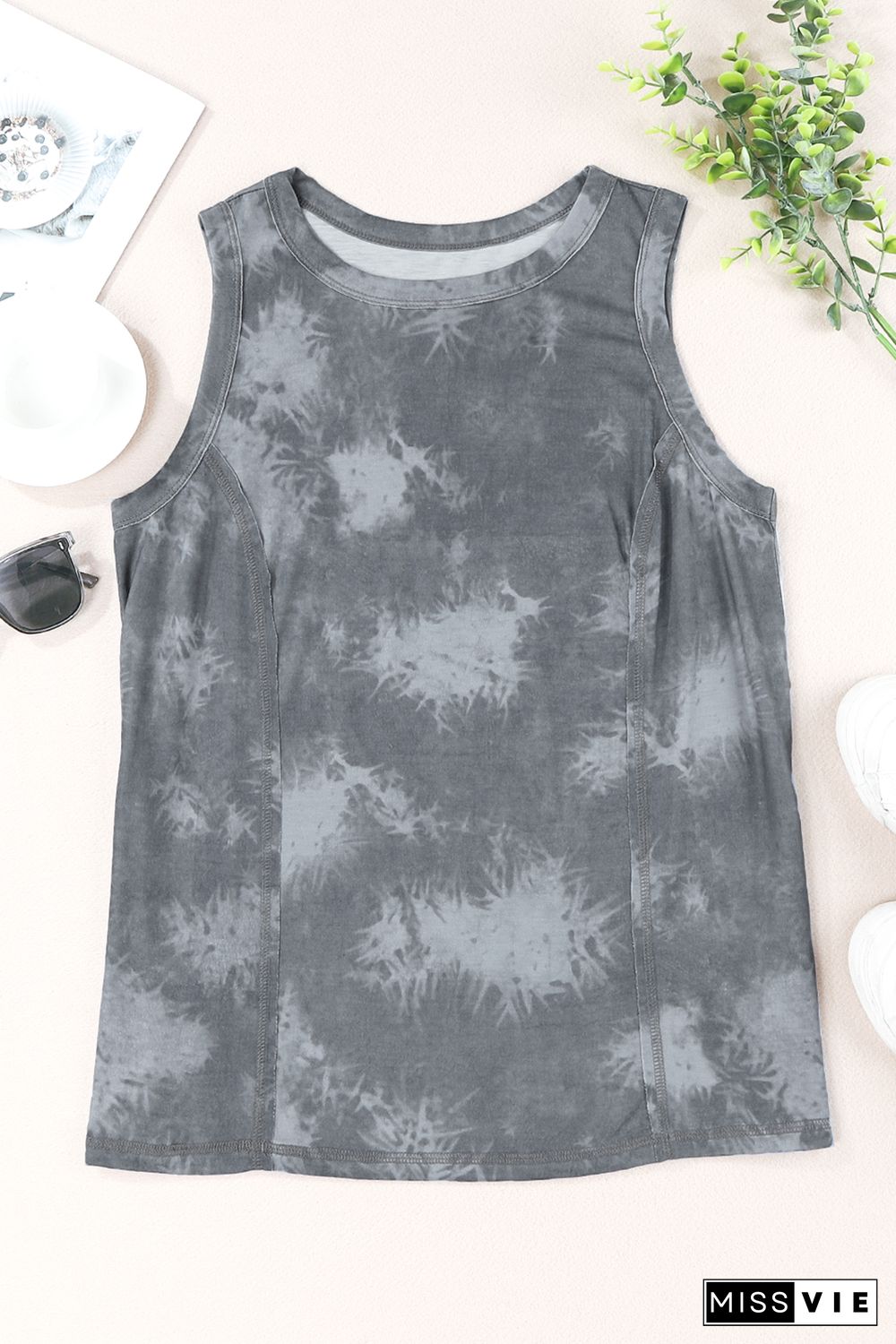 Gray Tie Dye Print Seamed Crew Neck Tank Top