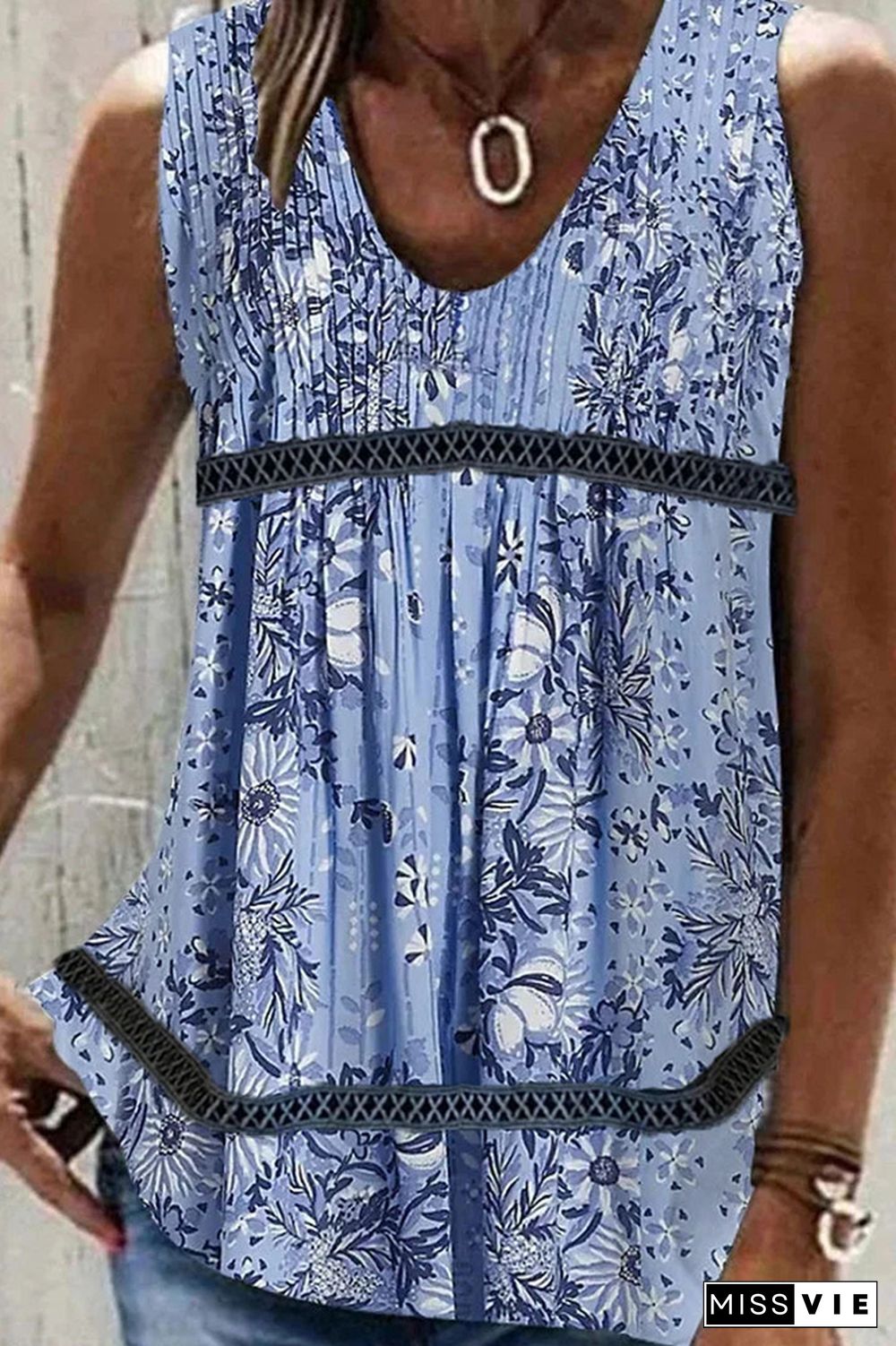 Printed V Neck Lace Splicing Tank Top