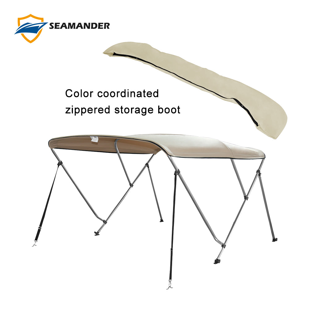 Seamander 3 Bow Bimini Top Boat Cover with Rear Support Pole and Storage Boot， Beige