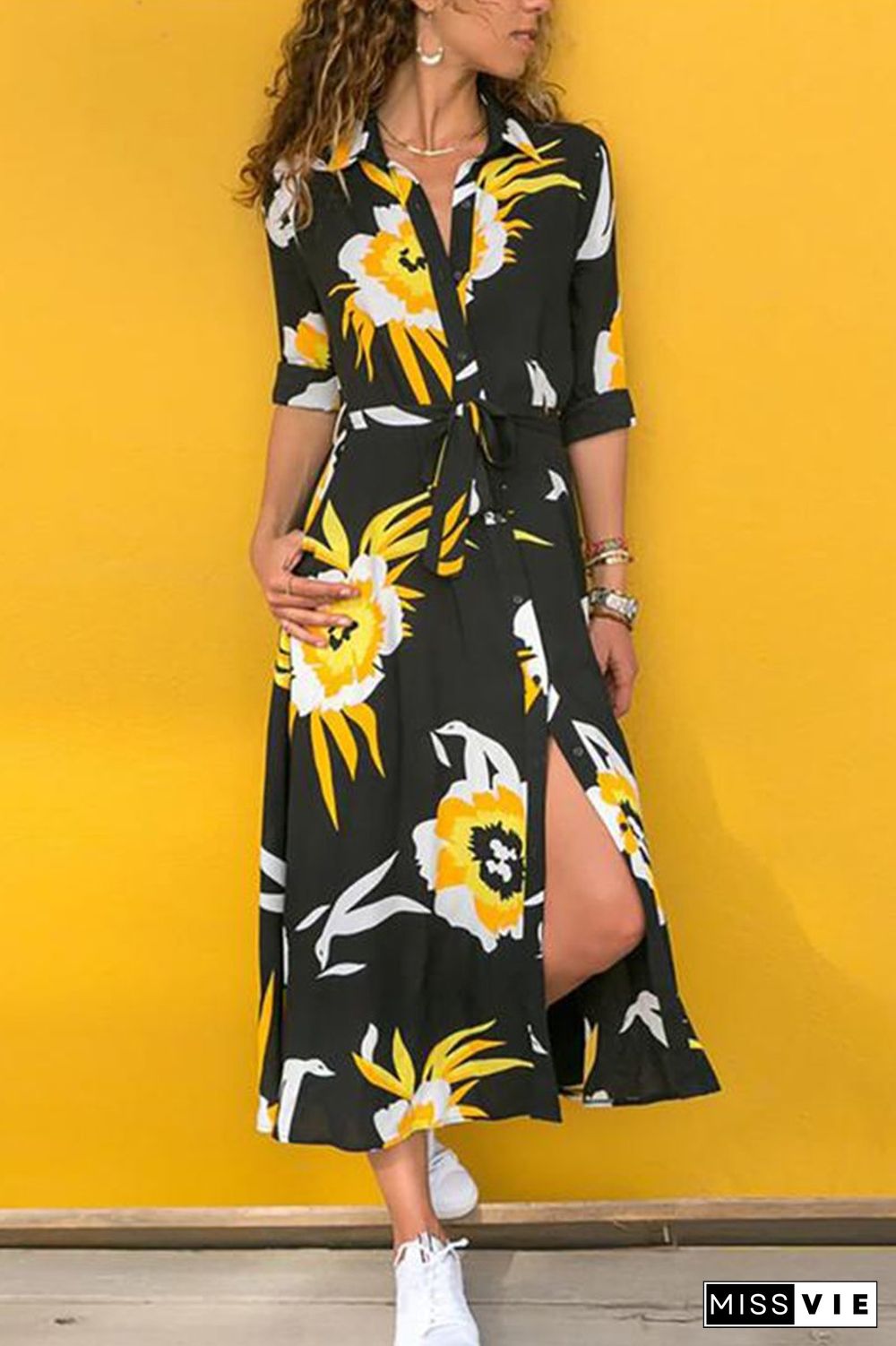 Printed Long Sleeve 4 Colors Midi Dress