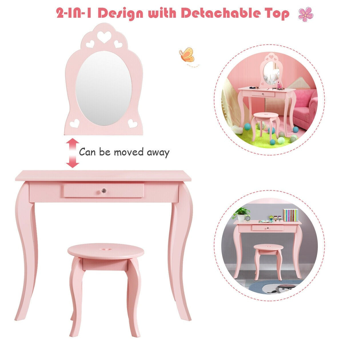 Costzon Kids Vanity Table, 2 in 1 Detachable Design with Dressing Table and Writing Desk