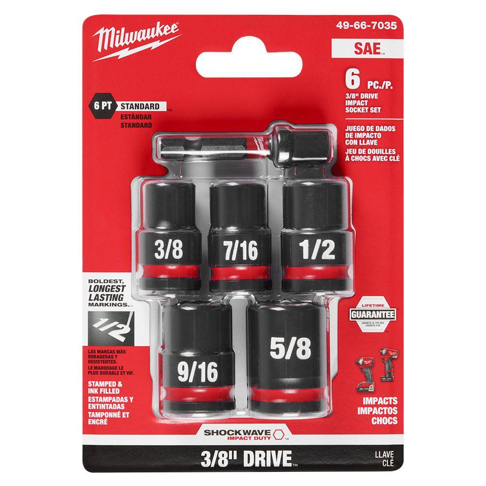 MW SHOCKWAVE 38 in. Drive SAE Standard 6 Point Impact Socket Set (6-Piece) 49-66-7035