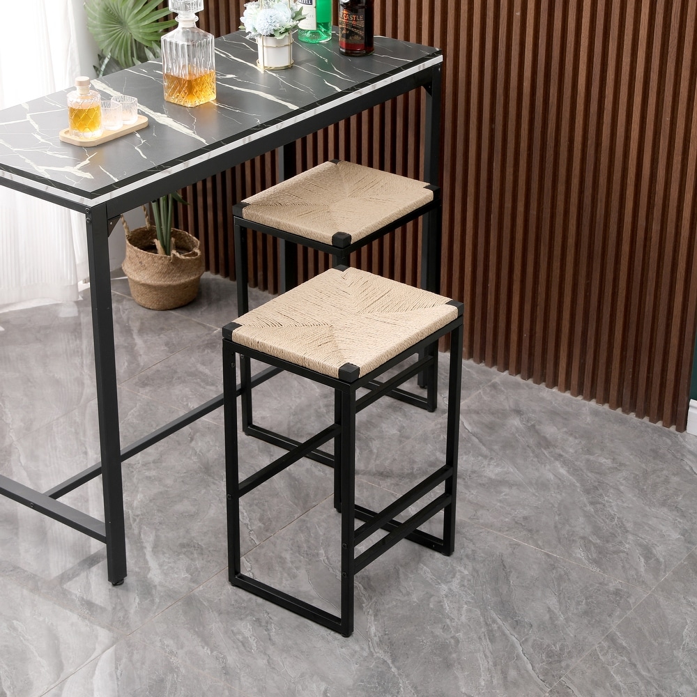 Backless Bar Stools Set of 2  Counter Height Dining Chairs with Paper Rope Woven Upholstered Seat and Black Metal Footrest