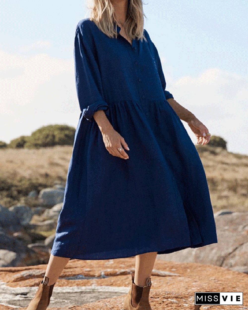 Cotton Linen Loose Casual V-Neck Long Sleeve Dress